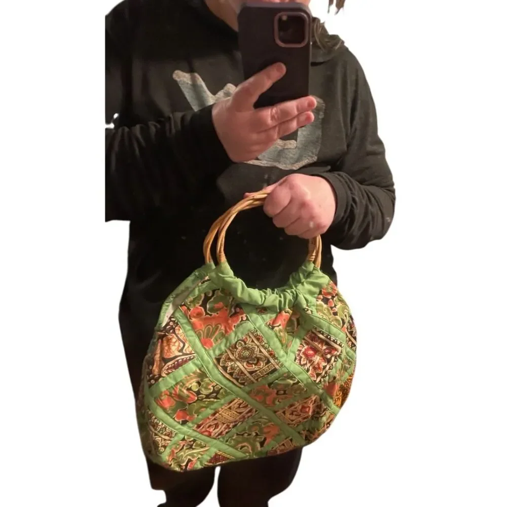 Vintage Handmade quilted patchwork hobo bag rattan handle water resistant lining
